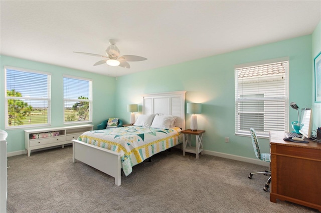 bedroom with light carpet and ceiling fan