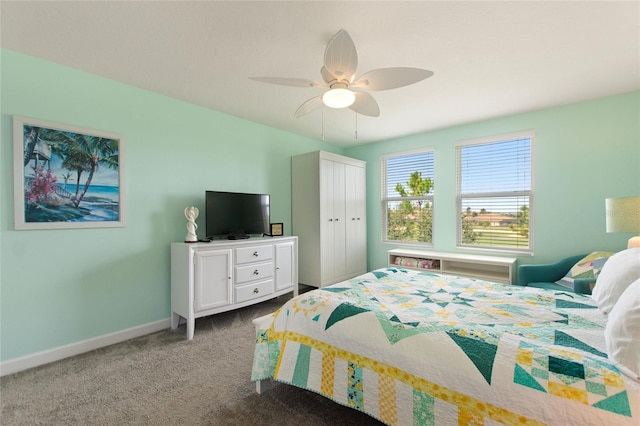 carpeted bedroom with ceiling fan and a closet