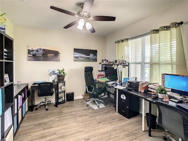 office space with ceiling fan and wood-type flooring