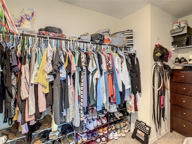 walk in closet featuring light carpet