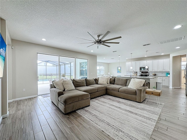 living room featuring plenty of natural light, a textured ceiling, and light hardwood / wood-style flooring