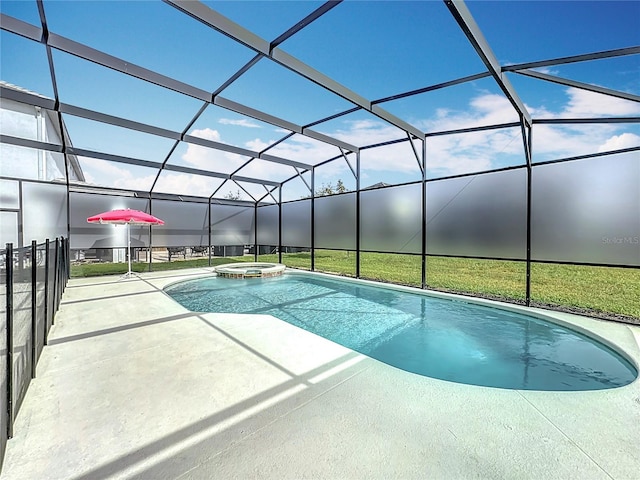 view of pool featuring an in ground hot tub, a patio, and glass enclosure