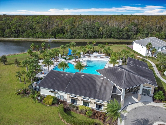 bird's eye view with a water view