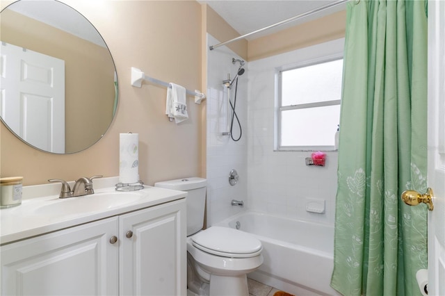 full bathroom featuring shower / bath combination with curtain, toilet, and vanity