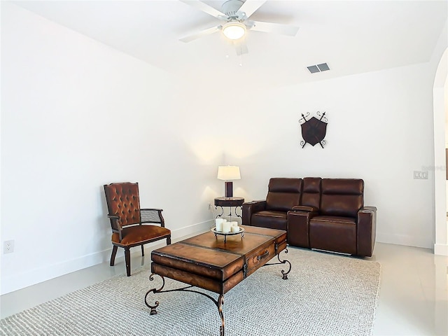 living room with ceiling fan