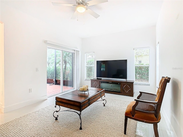 living room featuring ceiling fan