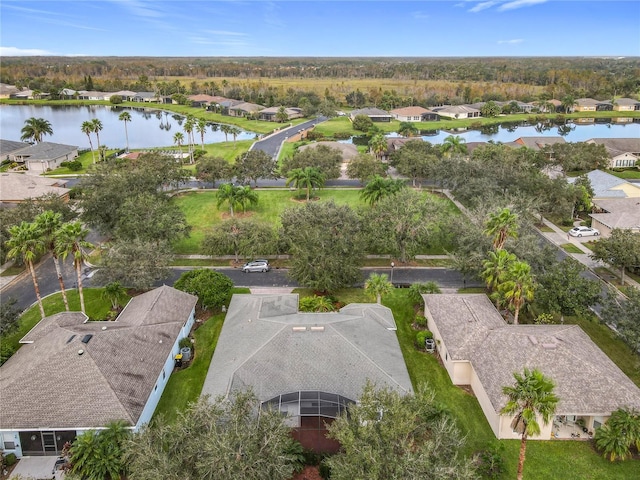 drone / aerial view featuring a water view