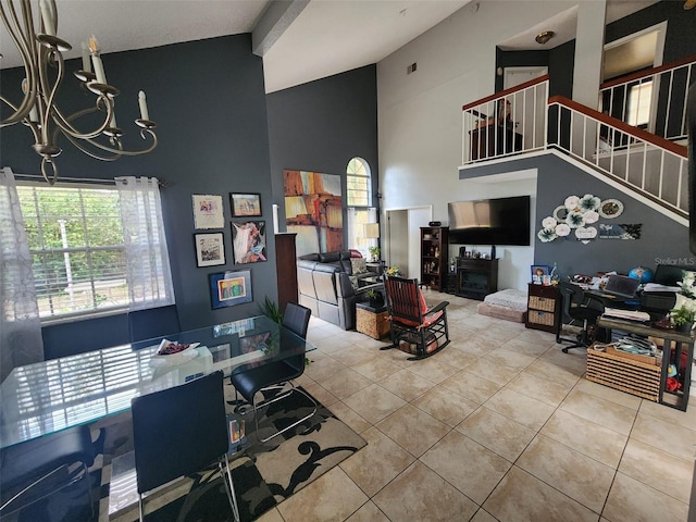 dining space with beamed ceiling, tile patterned floors, high vaulted ceiling, and a notable chandelier