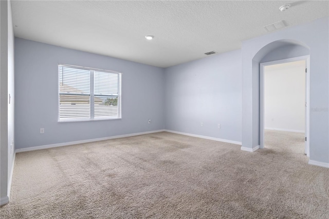 spare room featuring light colored carpet and a textured ceiling