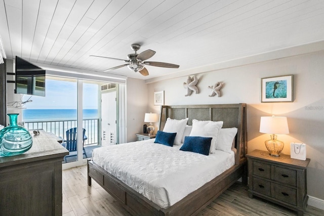 bedroom featuring ceiling fan, wooden ceiling, access to exterior, and light hardwood / wood-style flooring