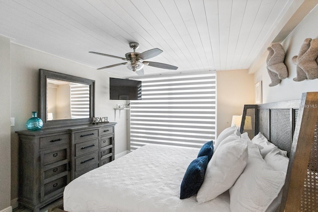 bedroom with ceiling fan and wood ceiling