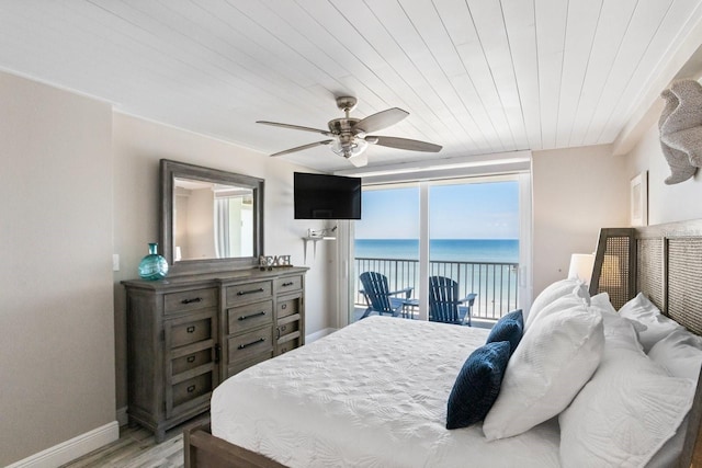 bedroom featuring ceiling fan, wooden ceiling, access to exterior, and light hardwood / wood-style flooring