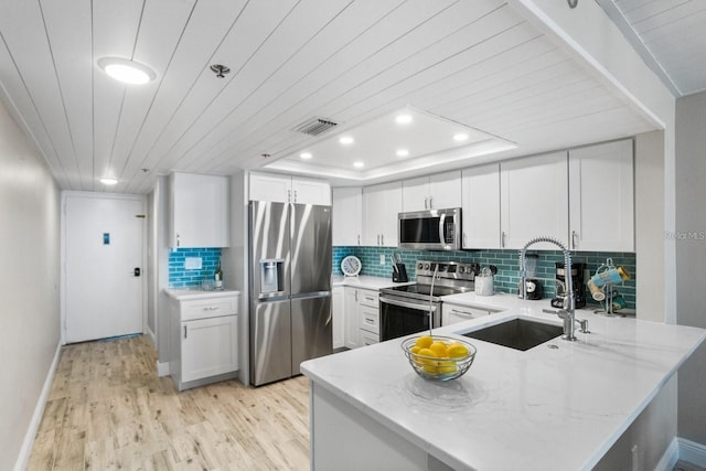 kitchen featuring light hardwood / wood-style floors, white cabinets, kitchen peninsula, sink, and appliances with stainless steel finishes