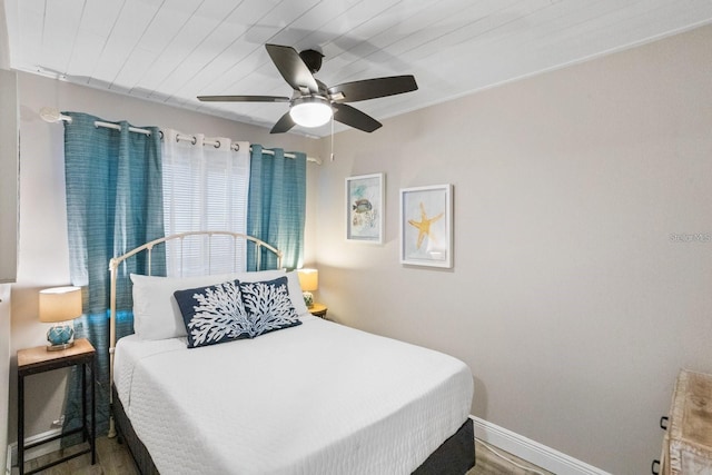 bedroom featuring wood-type flooring, ceiling fan, and wood ceiling