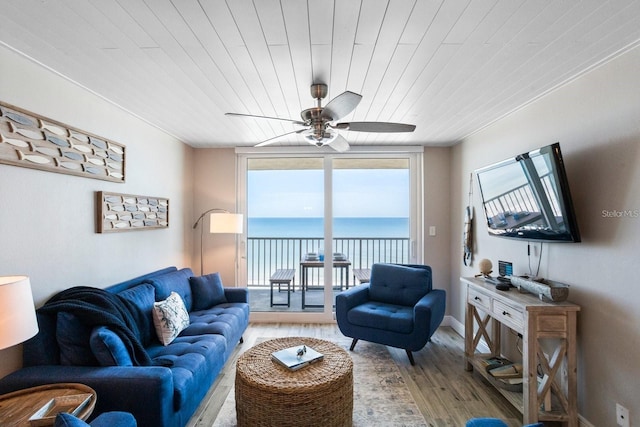 living room featuring light wood-type flooring, wooden ceiling, and ceiling fan