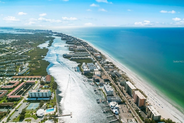 bird's eye view with a beach view and a water view