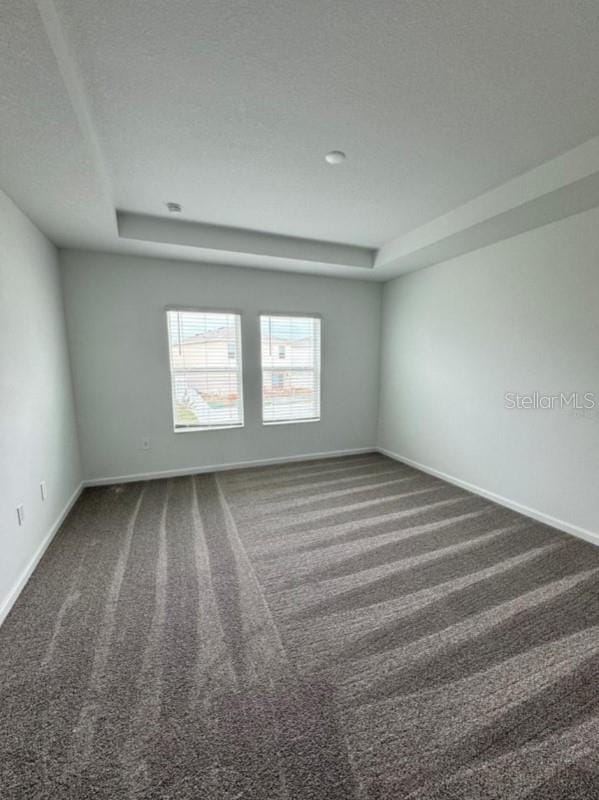 carpeted spare room with a textured ceiling and a raised ceiling