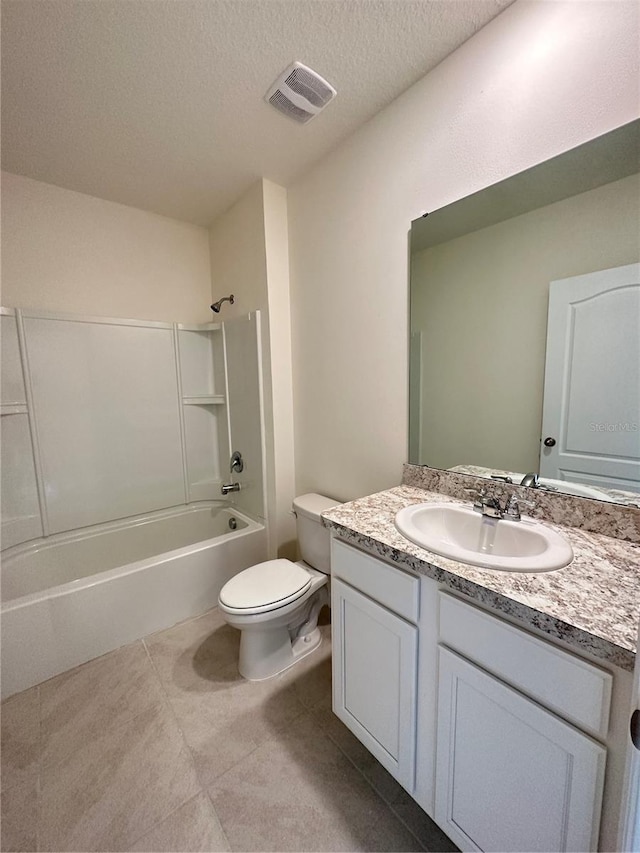 full bathroom with toilet, vanity, a textured ceiling, and  shower combination