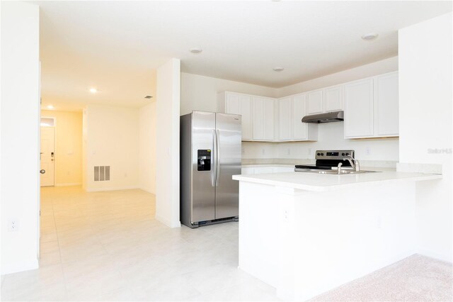 kitchen featuring stainless steel appliances, white cabinets, sink, and kitchen peninsula