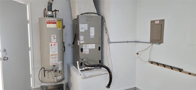 utilities featuring heating unit, gas water heater, and electric panel