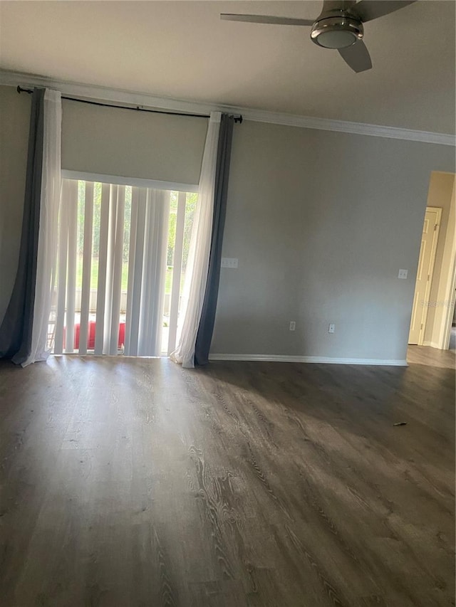 unfurnished room with hardwood / wood-style floors, ceiling fan, and ornamental molding