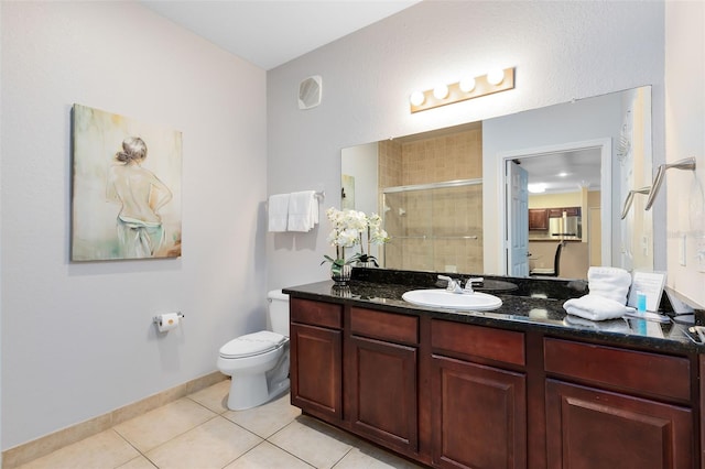 bathroom with toilet, vanity, tile patterned floors, and an enclosed shower