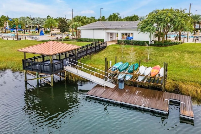 view of dock with a water view and a yard