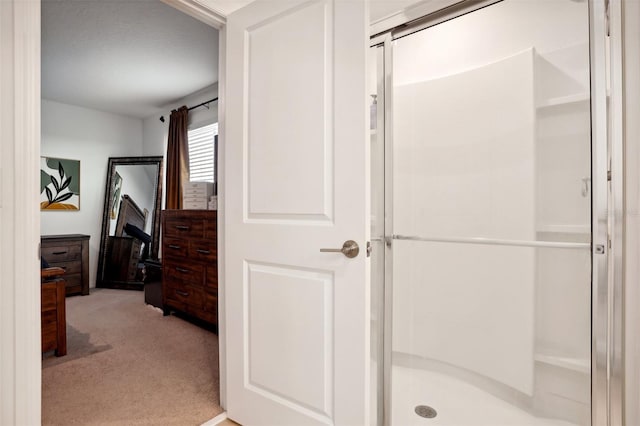 bathroom with a shower with shower door