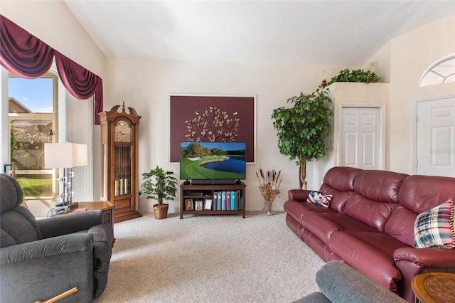 carpeted living room with vaulted ceiling