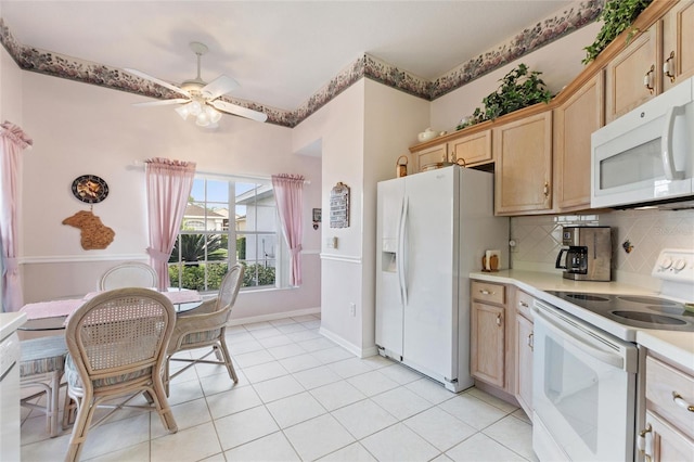 kitchen featuring ceiling fan, white appliances, decorative backsplash, light brown cabinetry, and light tile patterned flooring