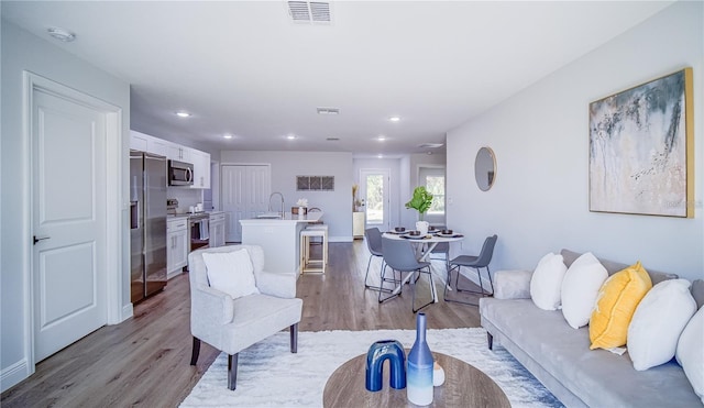 living room with light wood-type flooring and sink