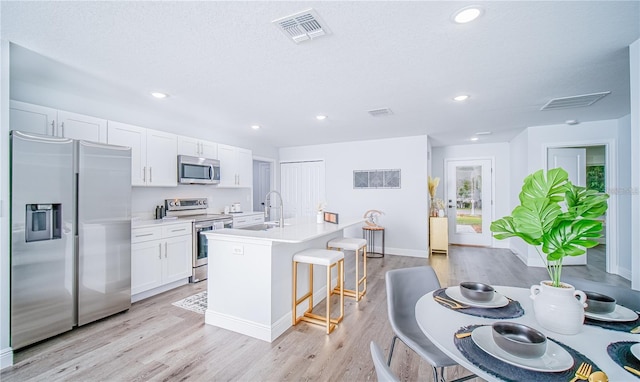 kitchen featuring stainless steel appliances, white cabinets, an island with sink, a kitchen breakfast bar, and light hardwood / wood-style flooring