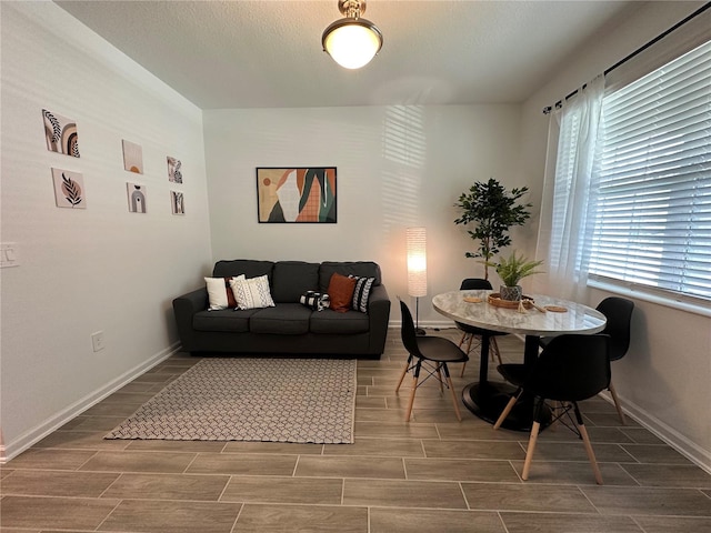 living room with a textured ceiling