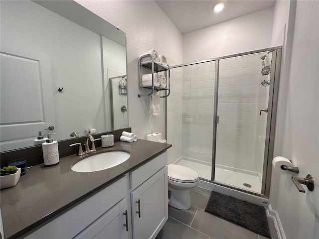 bathroom with toilet, an enclosed shower, vanity, and tile patterned floors