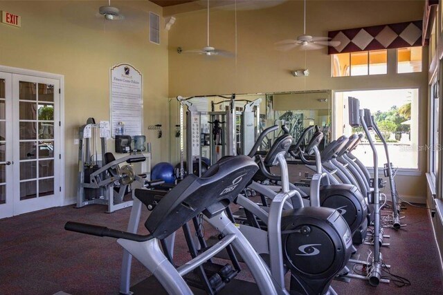 2971 Camden Way, Davenport, FL 33837 - workout area featuring a towering ceiling, french doors, and ceiling fan