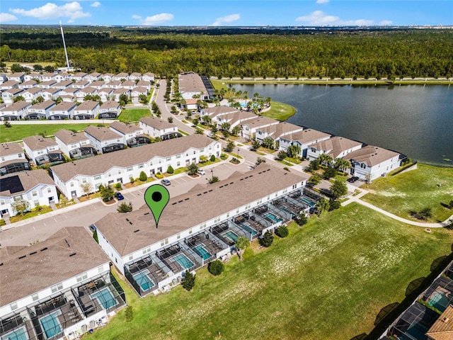 aerial view featuring a water view