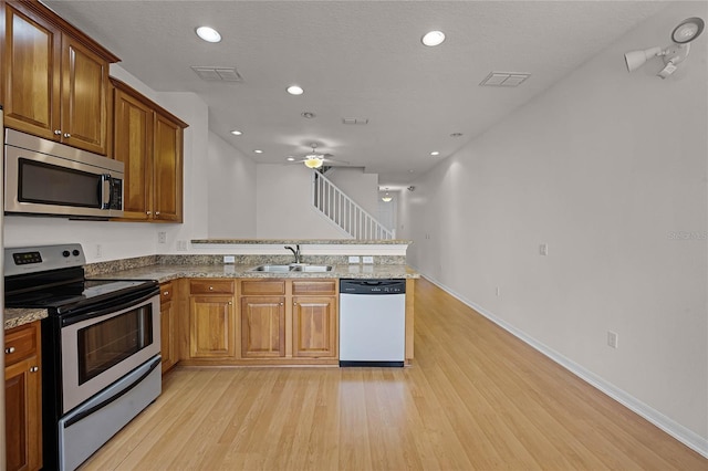 kitchen featuring kitchen peninsula, sink, light wood-type flooring, and appliances with stainless steel finishes