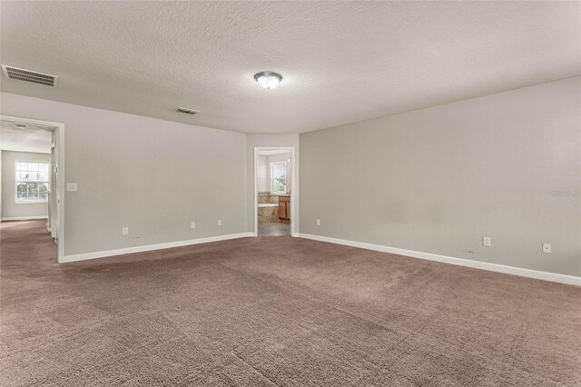 unfurnished room with a textured ceiling and carpet floors