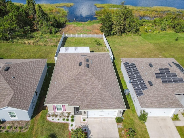 aerial view featuring a water view