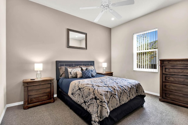 carpeted bedroom with ceiling fan