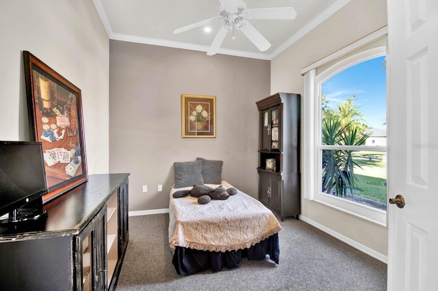 living area with dark carpet, crown molding, and ceiling fan