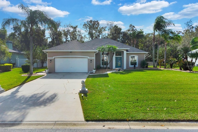 single story home featuring a front yard and a garage