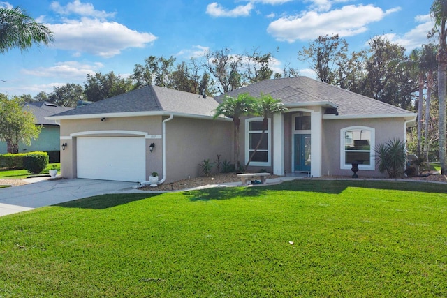 ranch-style home with a front lawn and a garage