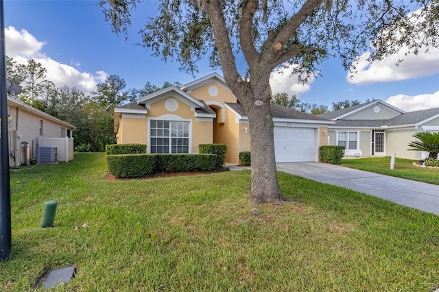 ranch-style house with a front yard, central AC, and a garage