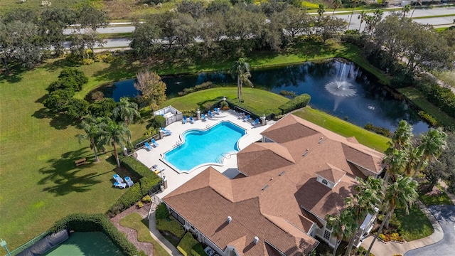 drone / aerial view featuring a water view