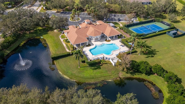 aerial view featuring a water view