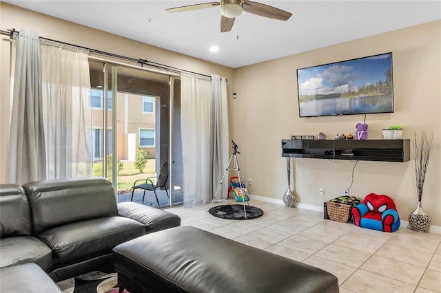 tiled living room featuring ceiling fan