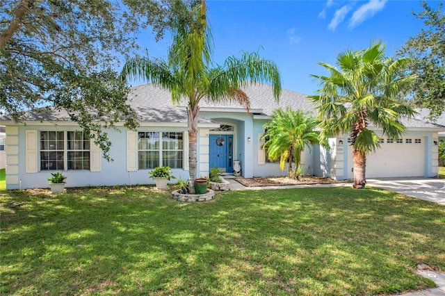 single story home featuring a front lawn and a garage