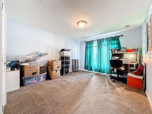 carpeted office space with a textured ceiling