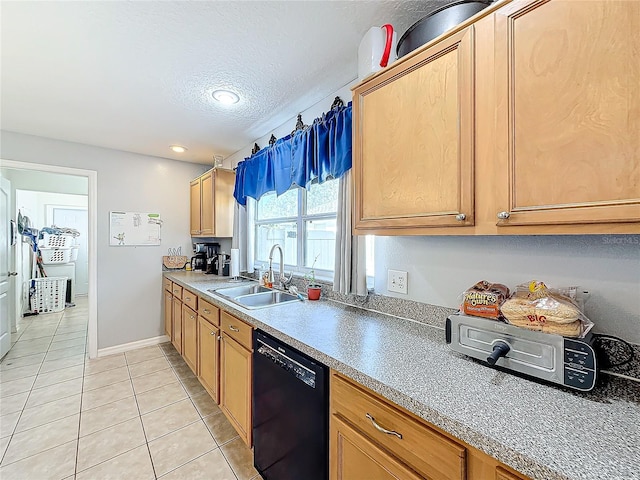 kitchen featuring light tile patterned floors, black dishwasher, a textured ceiling, and sink